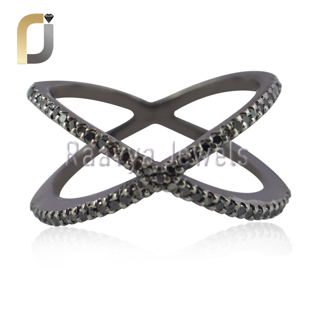 Black Diamond Oxidized 925 Silver Criss Cross Ring Jewelry