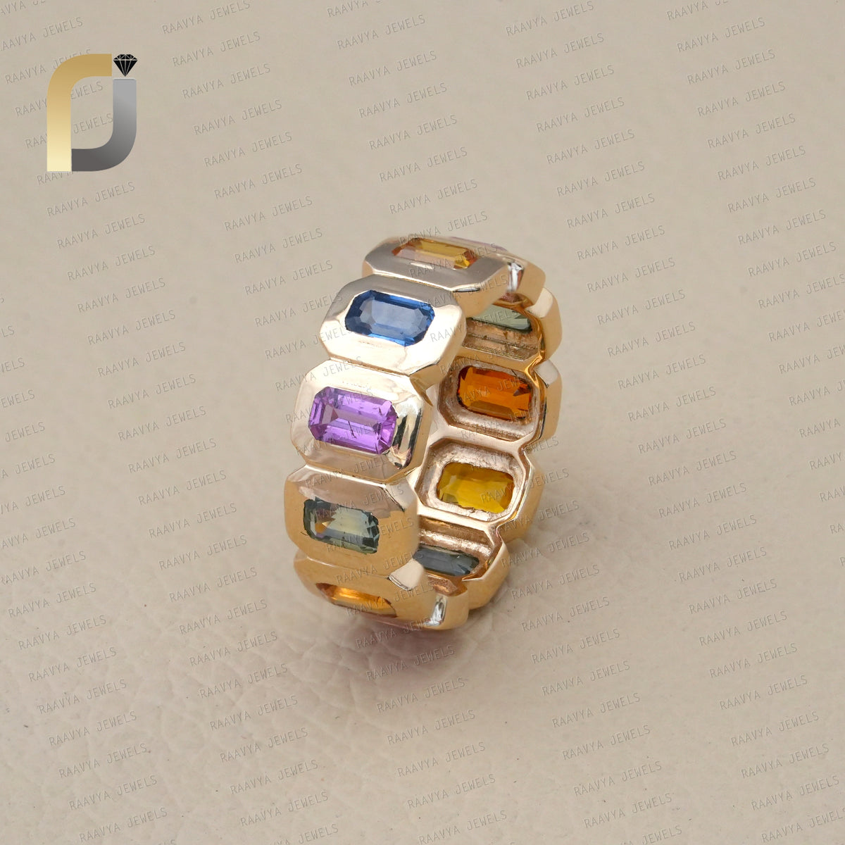 Solid 14k Yellow Gold Stack Ring Natural Multi Sapphire Band Jewelry