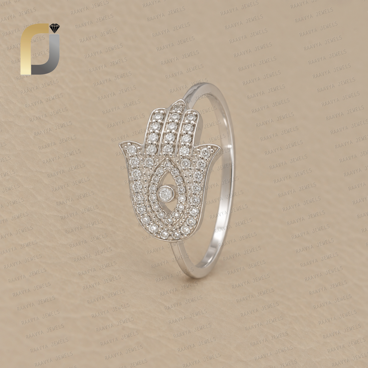 14K Solid White Gold double Cut white Diamond Hamsa Symbol Ring