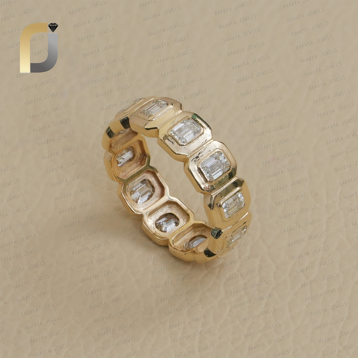 Rectangle Double Cut White Diamond Yellow Gold Eternity Band Ring Jewelry