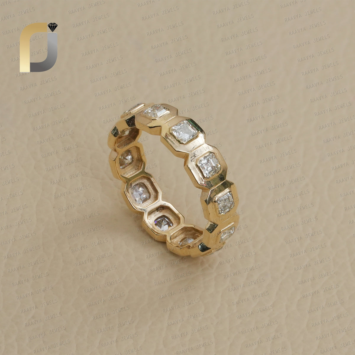 Square Shape Double Cut White Diamond Yellow Gold Eternity Band Ring Jewelry