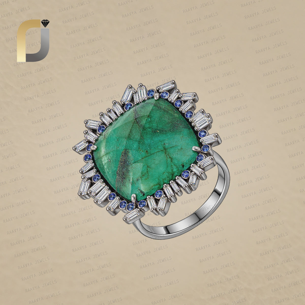 Natural Emerald Diamond Blue Sapphire 925 Silver Ring Jewelry