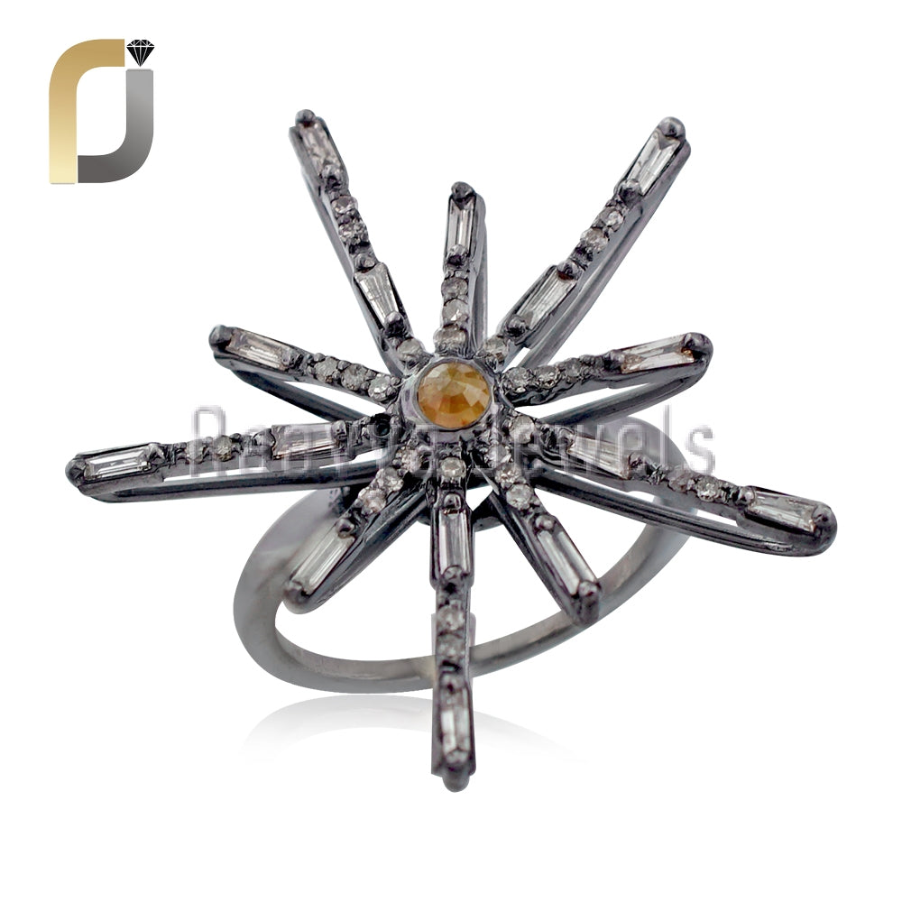 Baguette Diamond Oxidized 925 Silver Designer Ring Jewelry