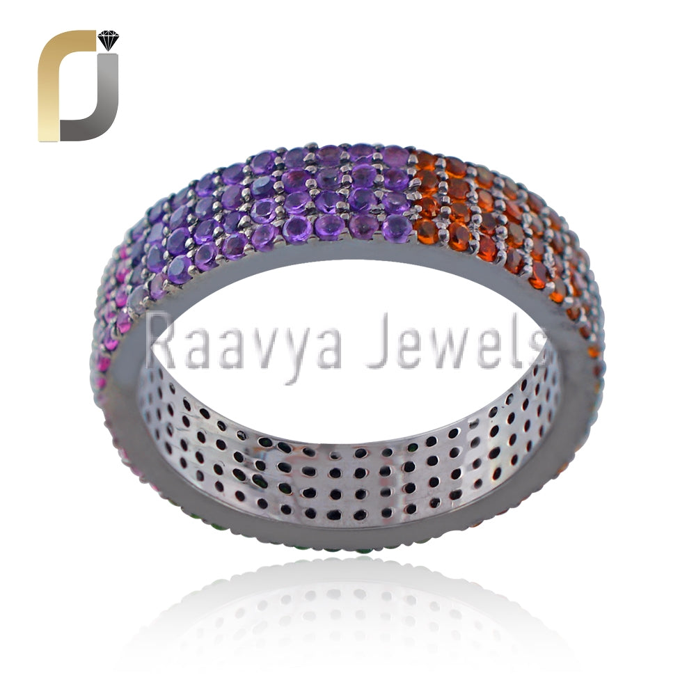 Multi Gemstone 925 Silver Full Eternity Band Ring Jewelry