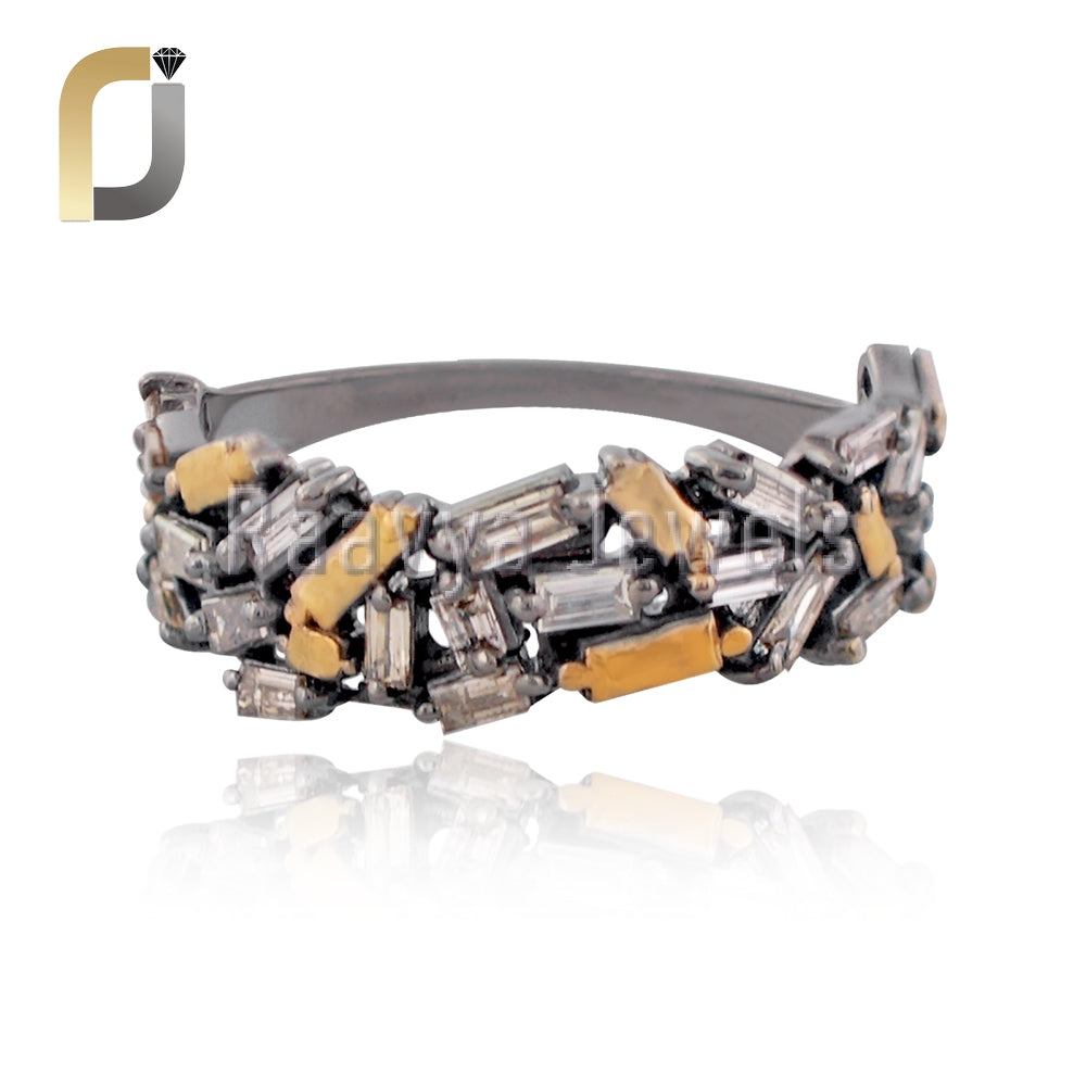 Yellow Vermeil 925 Silver Natural Baguette Diamond Band Ring