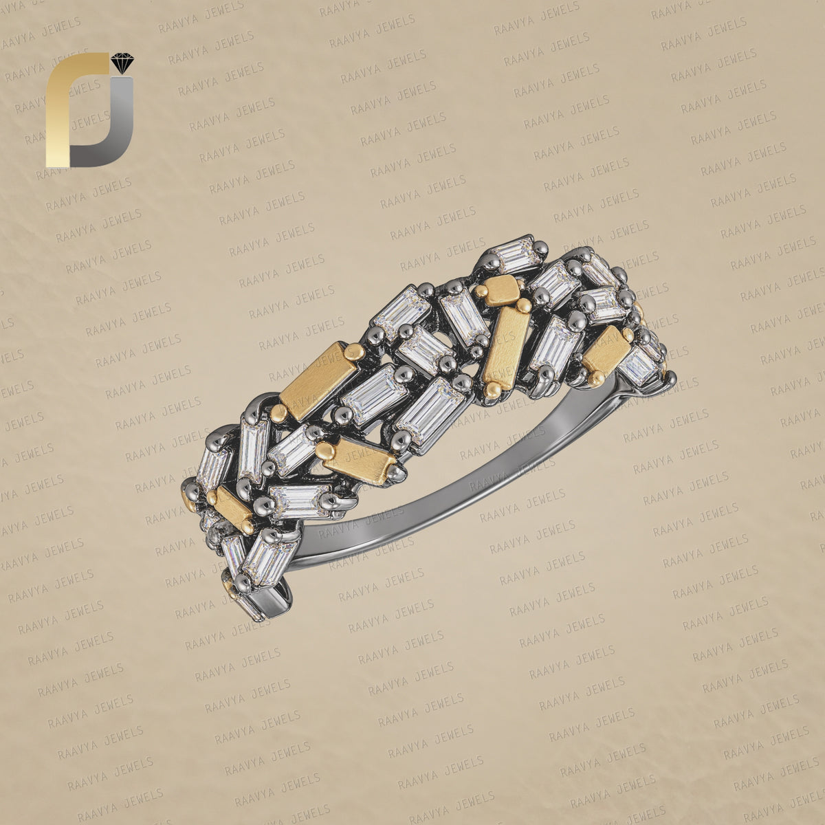 Yellow Vermeil 925 Silver Natural Baguette Diamond Band Ring