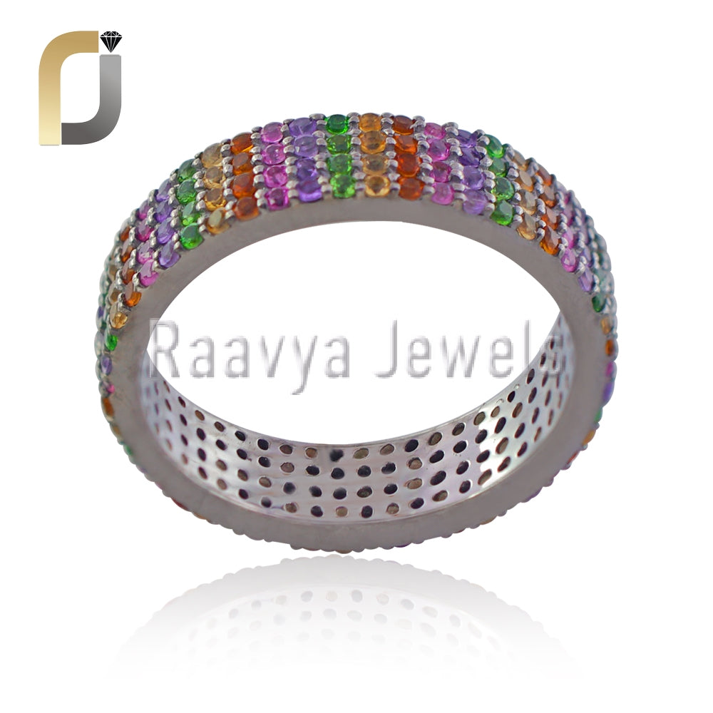 925 Silver Multi Gemstone Handmade Full Eternity Band Ring