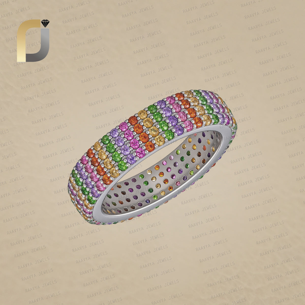 925 Silver Multi Gemstone Handmade Full Eternity Band Ring