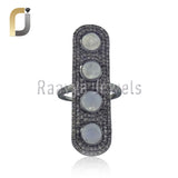 Rainbow Moonstone Diamond Silver Long Ring Jewelry