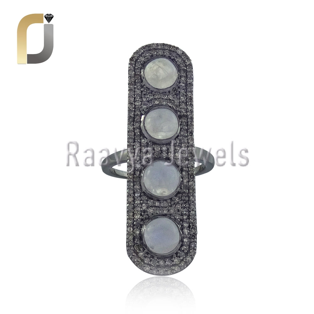 Rainbow Moonstone Diamond Silver Long Ring Jewelry