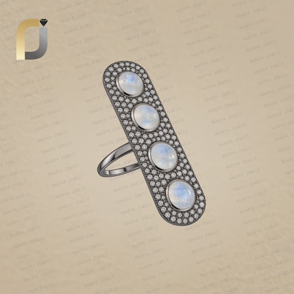 Rainbow Moonstone Diamond Silver Long Ring Jewelry