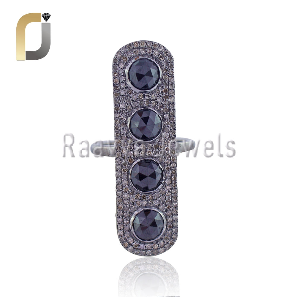 Black Spinel Gemstone Pave Diamond Long Silver Ring Jewelry