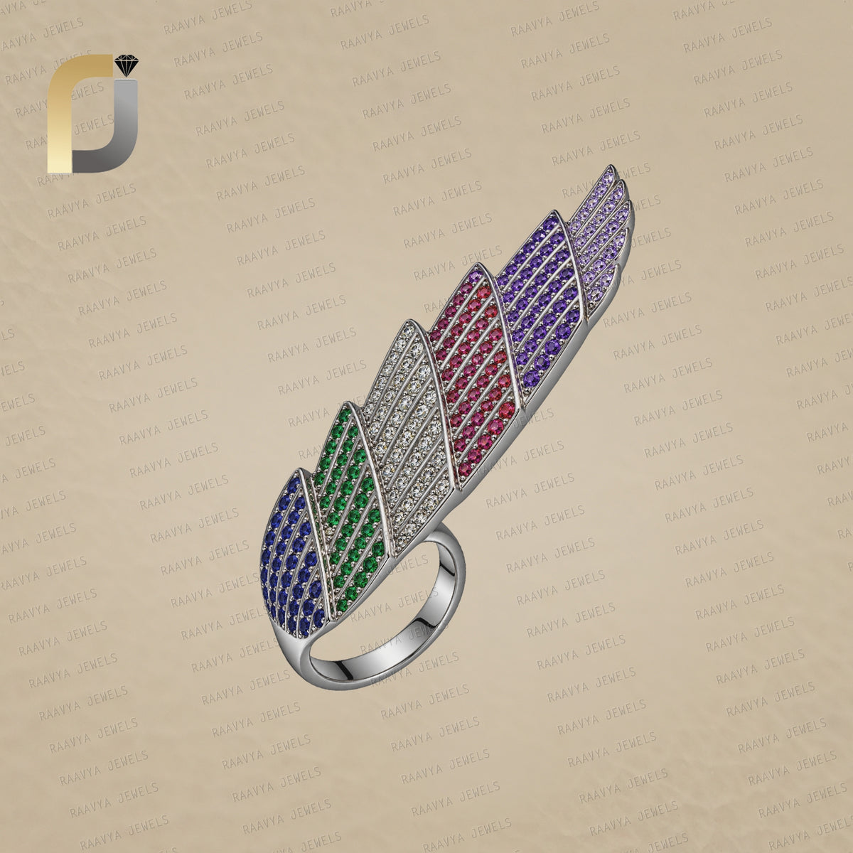 Multi Gemstone Oxidized 925 Silver Feather Ring Jewelry