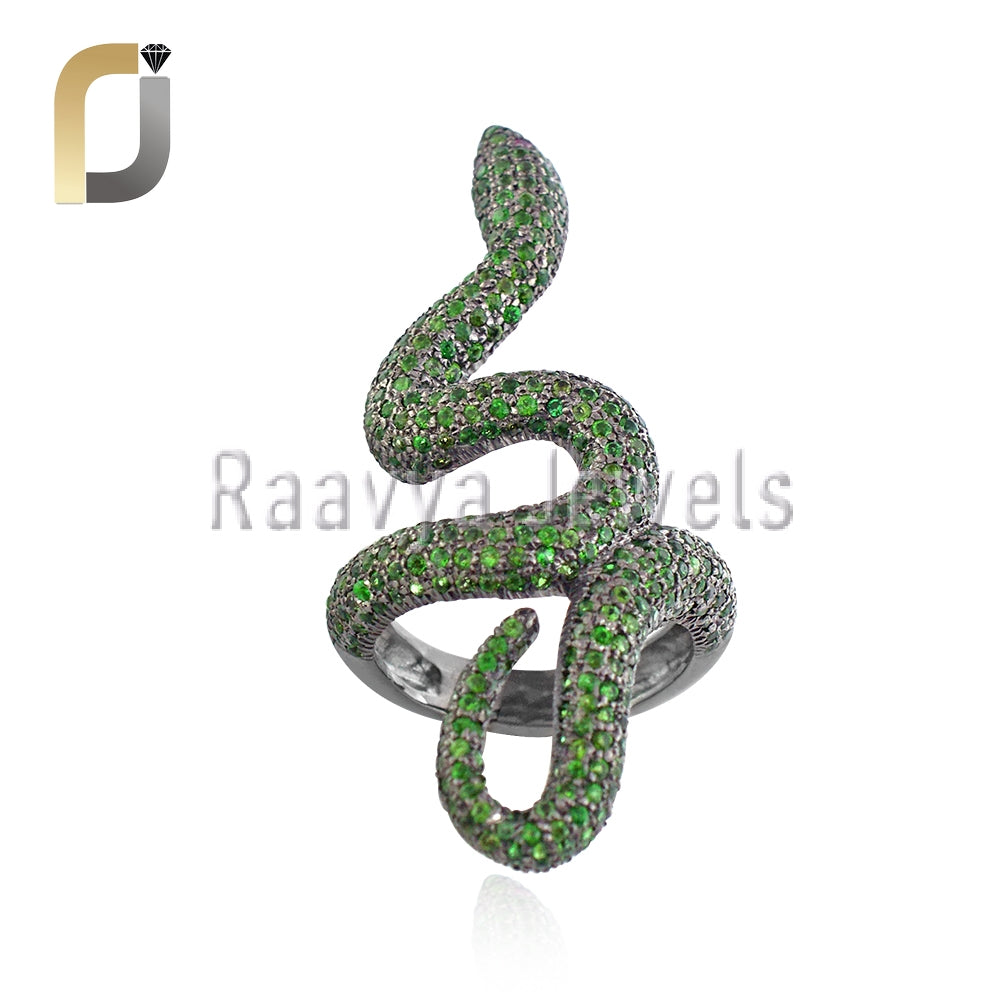 Chrome Diopside Gemstone 925 Silver Ruby Eyed Snake Ring Jewelry