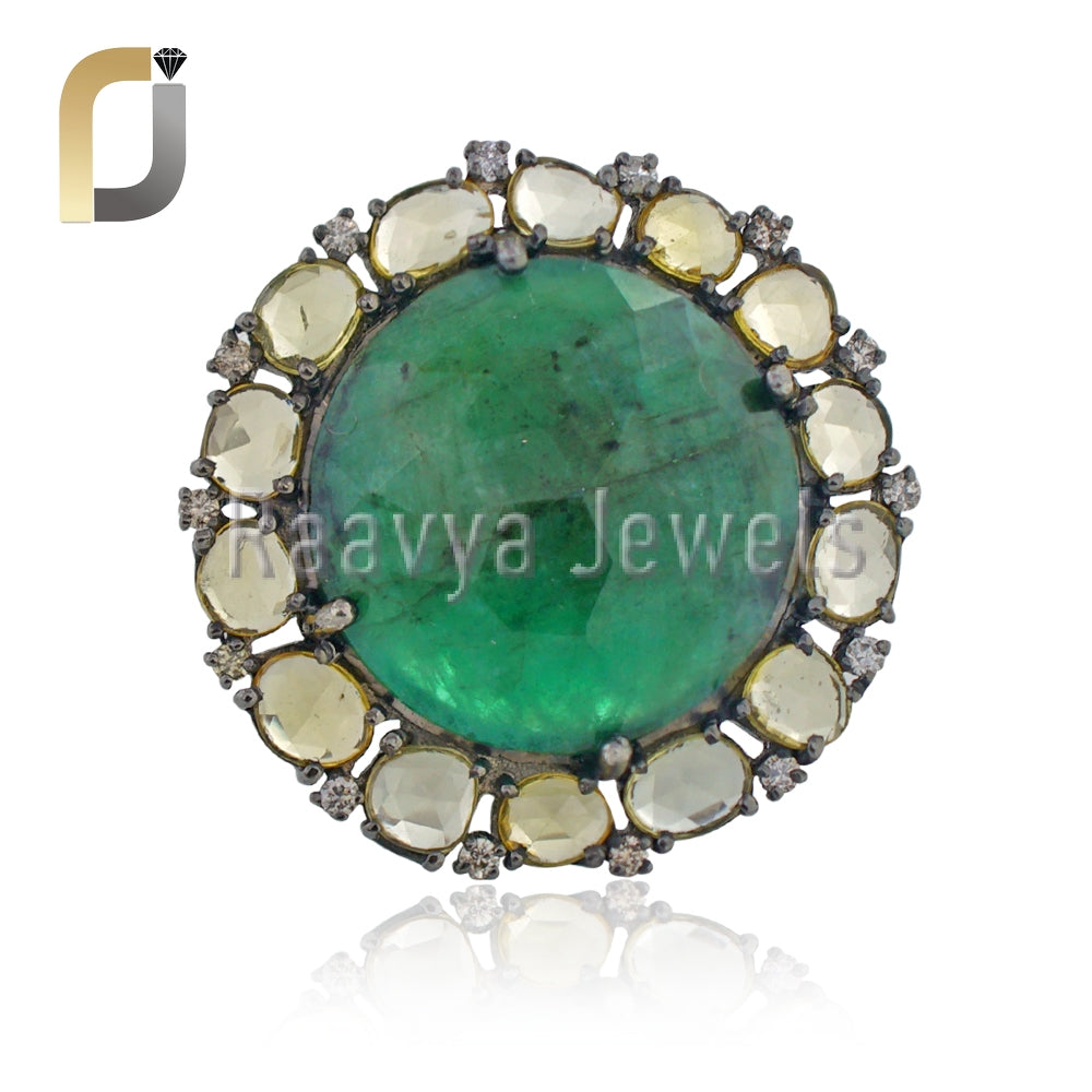 Yellow Sapphire Diamond Emerald Oxidized Silver Ring Jewelry