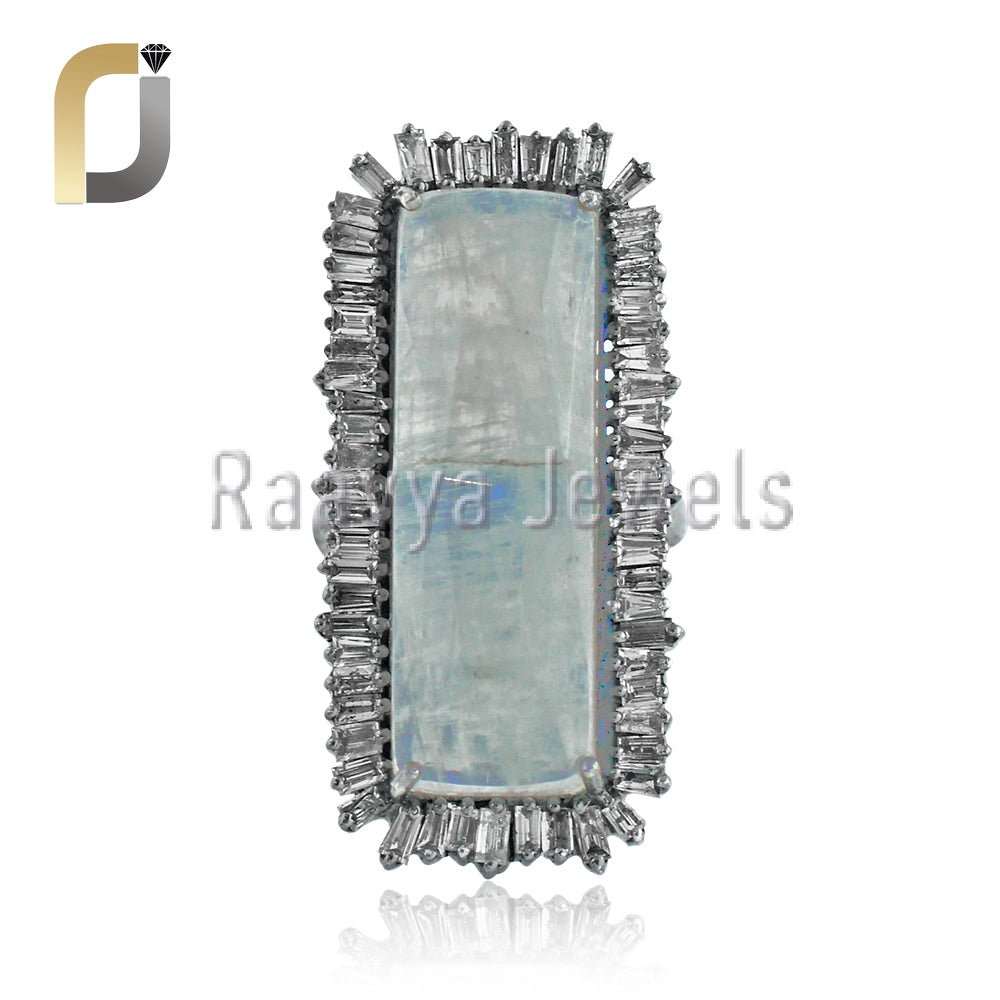 Rainbow Moonstone Baguette Diamond Silver Ring Jewelry