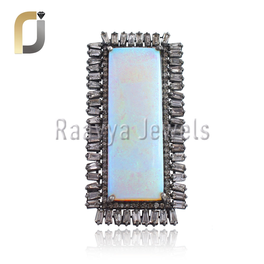 Opal Gemstone Baguette Diamond Silver Ring Jewelry