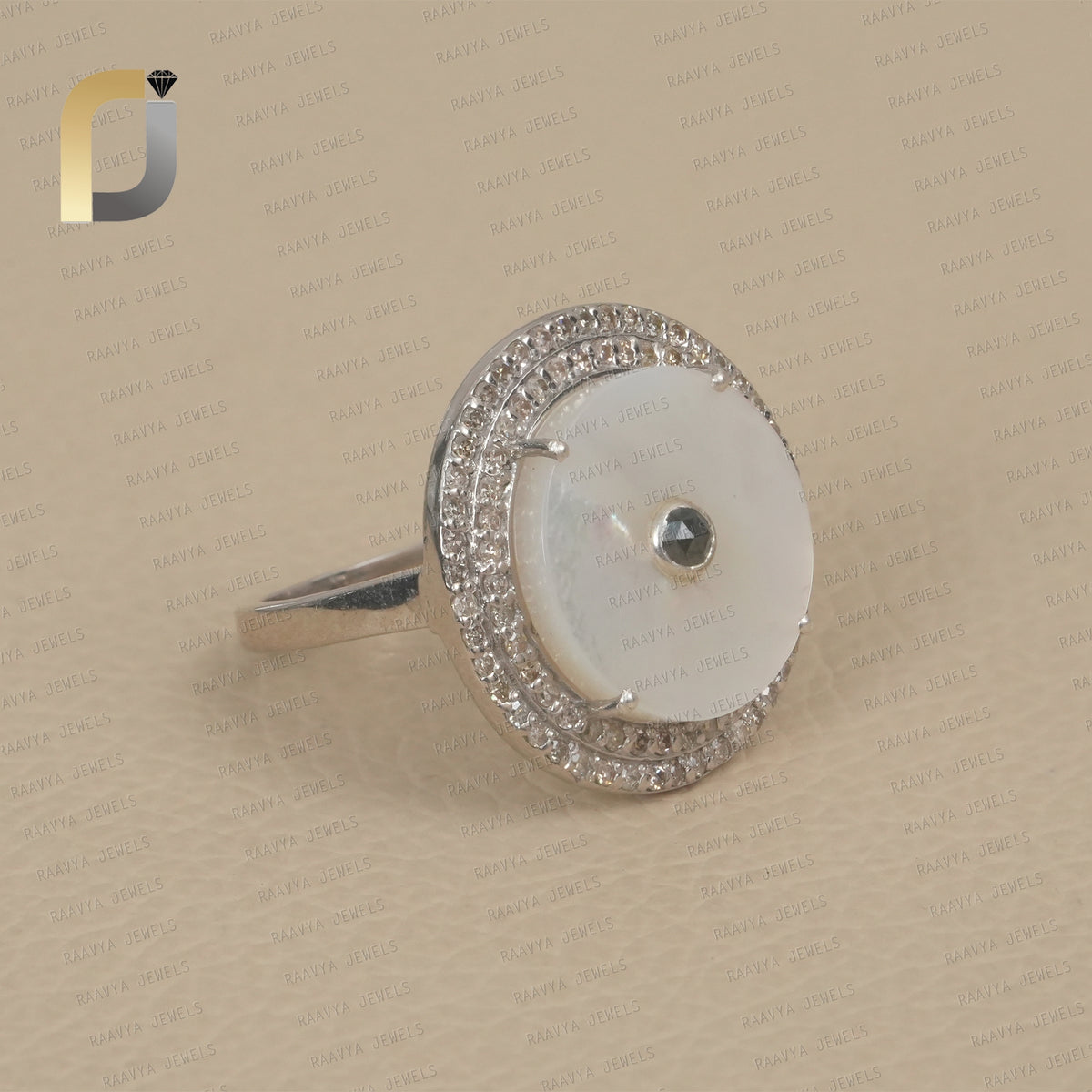 Double Line Diamond Round MOP 925 Silver Ring Jewelry