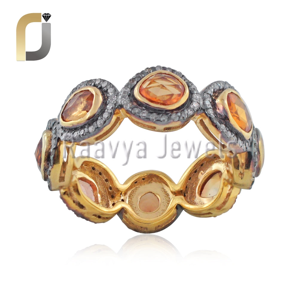 Pave Diamond 925 Sterling Silver Ring Natural Sapphire Jewelry Yellow Plated Promise Ring