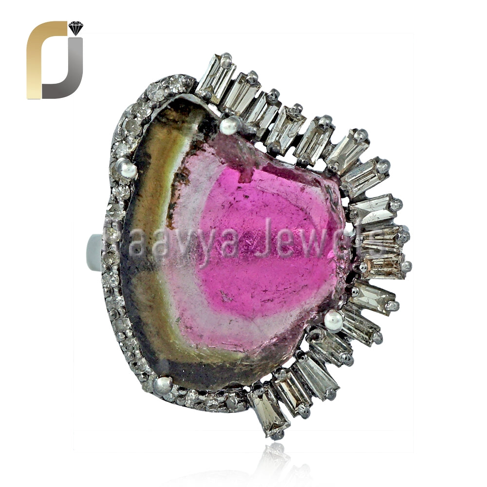 Tourmaline Gemstone 925 Silver Diamond Ring Jewelry