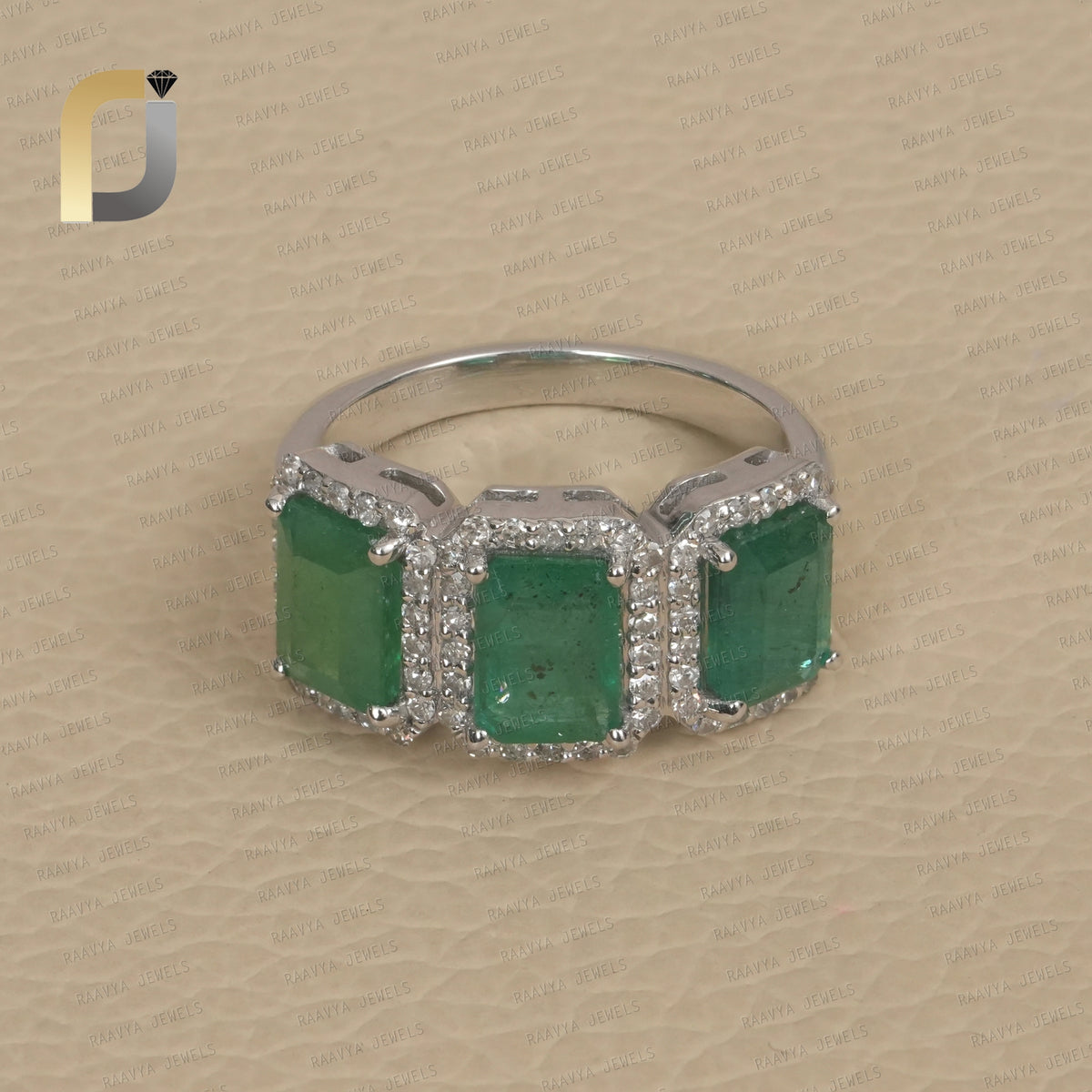 Pave Diamond Natural Emerald Gemstone 925 Silver Ring Jewelry