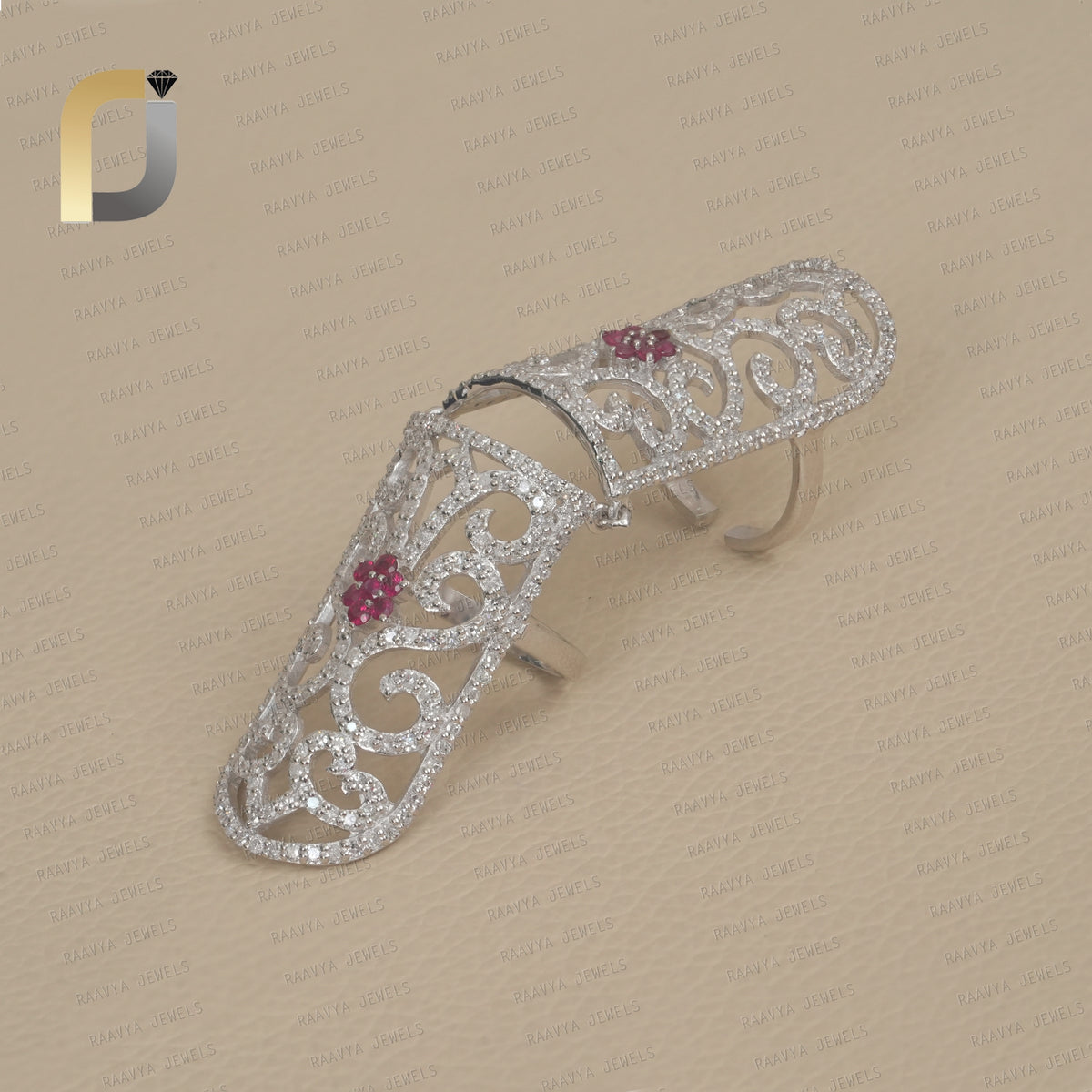 Ruby Gemstone Pave Diamond 925 Silver Full Finger Ring Jewelry