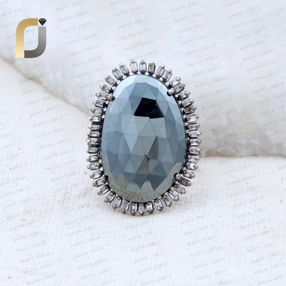 Baguette Diamond Oxidized 925 Silver Black Spinel Ring