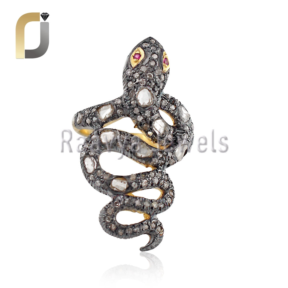 Pave Diamond 925 Silver Yellow Vermeil Snake Ring Jewelry