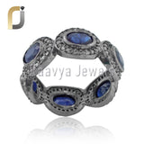 Pave Diamond 925 Silver Promise Ring Natural Blue Sapphire Band Ring