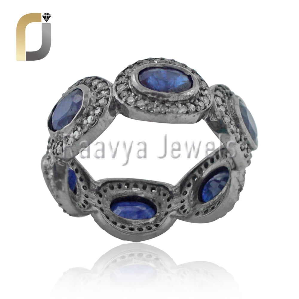 Pave Diamond 925 Silver Promise Ring Natural Blue Sapphire Band Ring