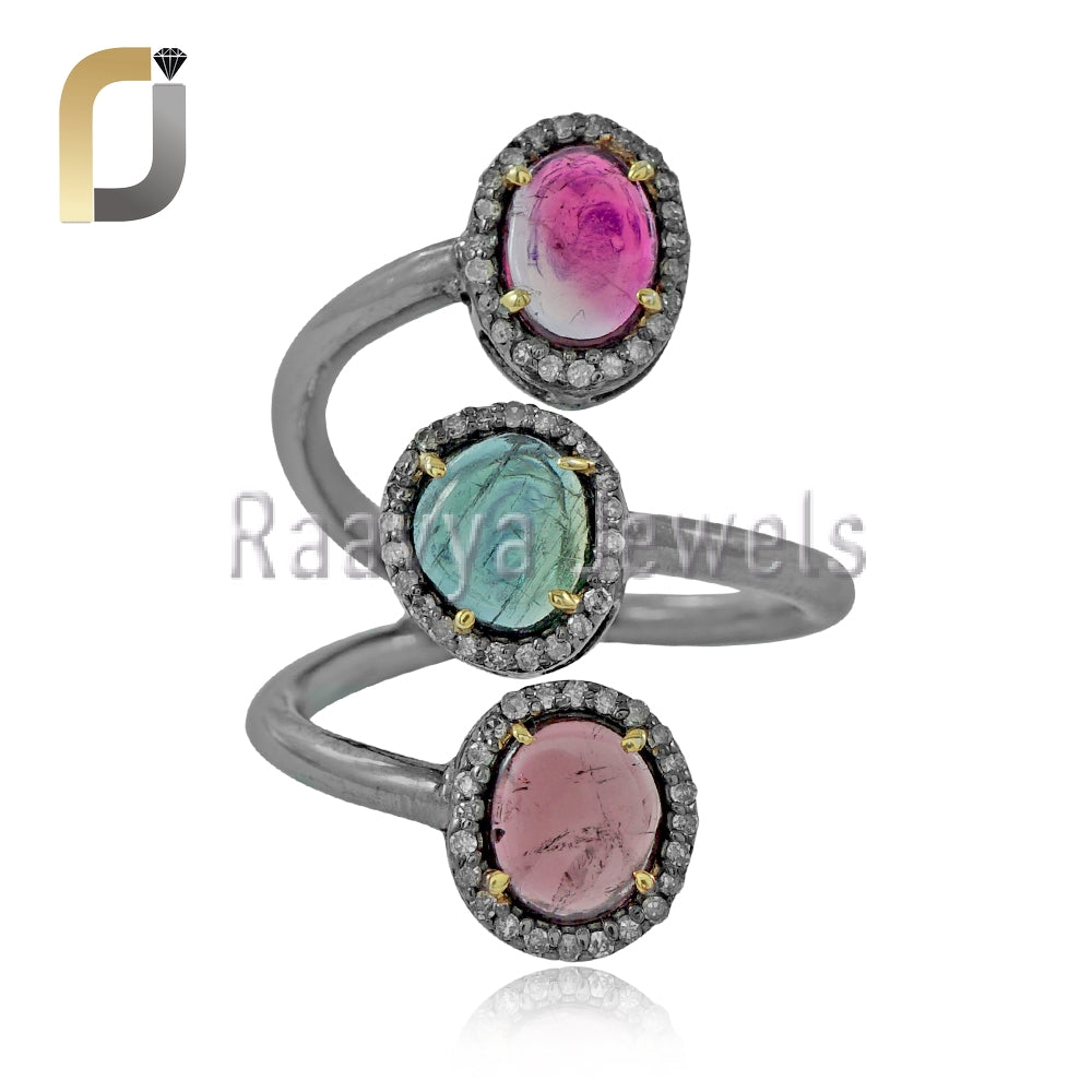 Tourmaline Gemstone Diamond Silver Ring Jewelry