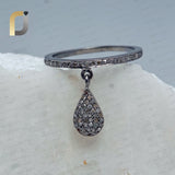 Pave Diamond Drop Silver Charm Band Ring Jewelry