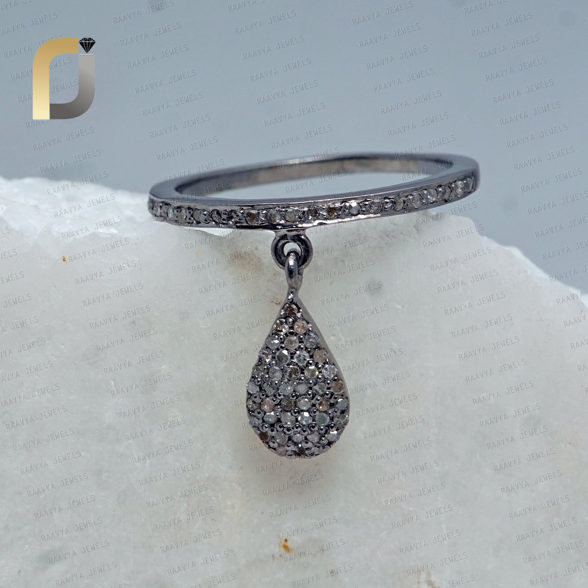 Pave Diamond Drop Silver Charm Band Ring Jewelry