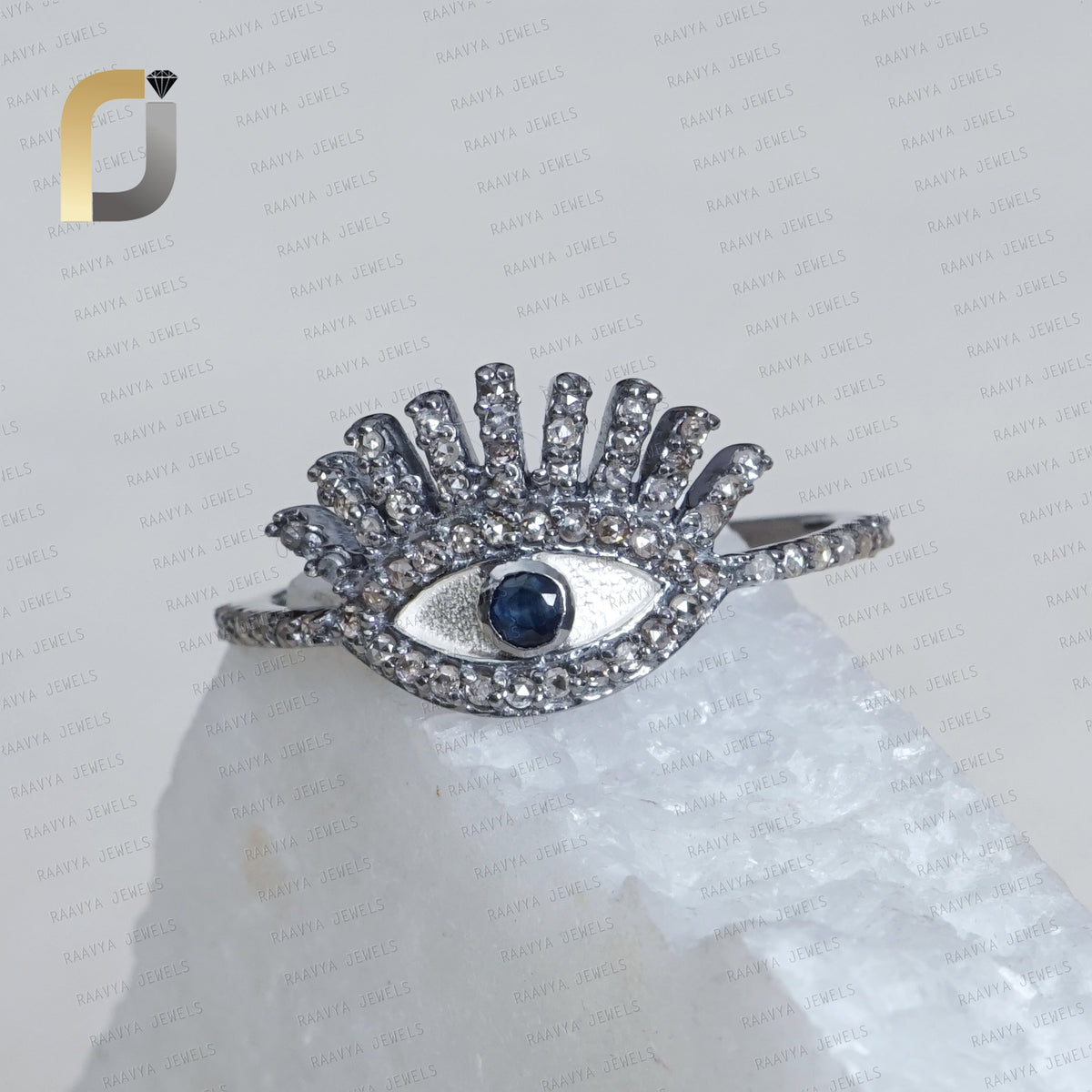 925 Silver Evil Eye Ring Natural Blue Sapphire Jewelry Gift For Her