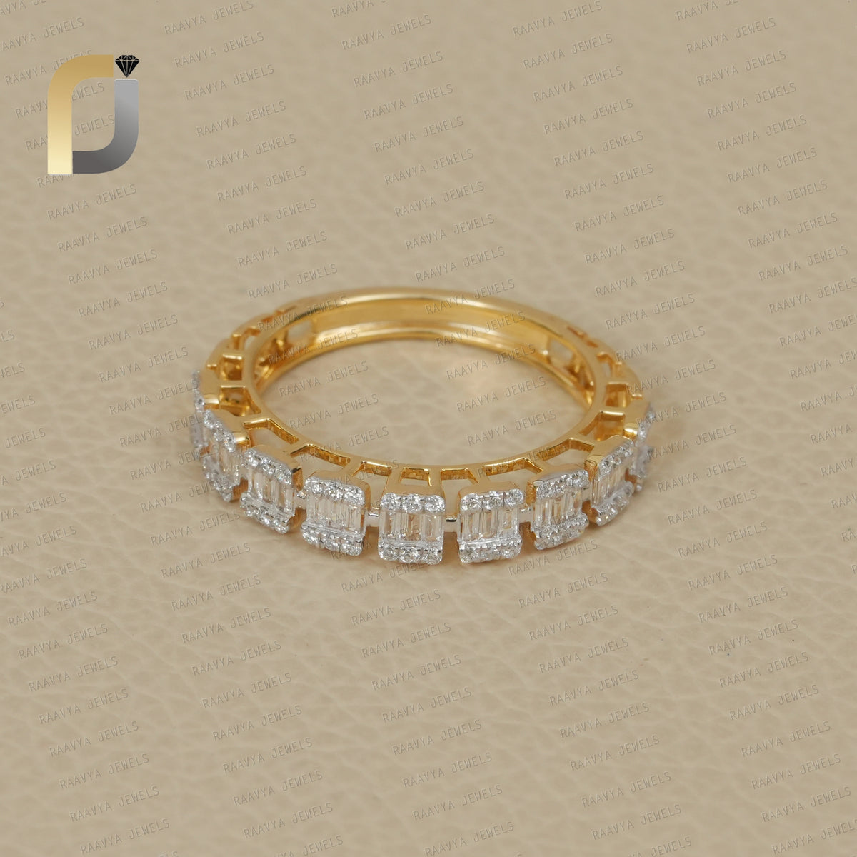 White Diamond Baguette & Double Cut White Diamond Yellow Gold Eternity Band Ring Jewelry