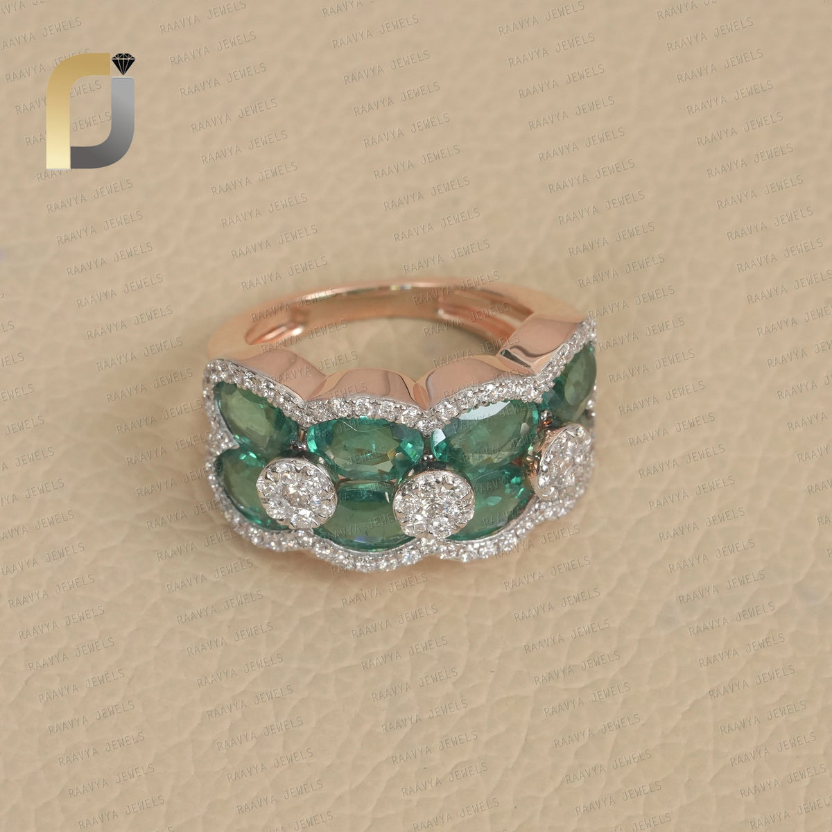 Lab Grown Emerald 14k Rose Gold Pave Diamond Handmade Cocktail Ring Jewelry