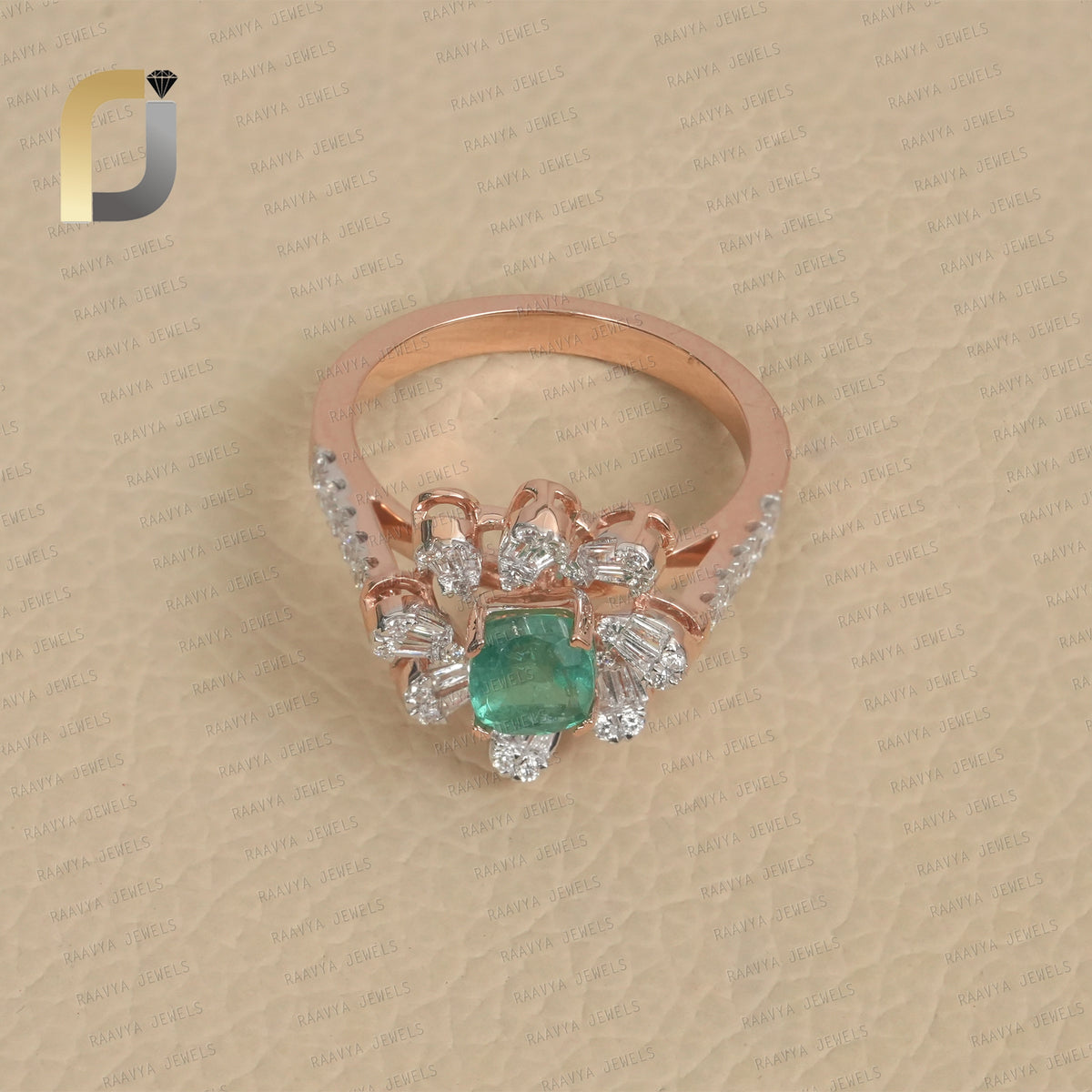 Baguette Diamond 14k Rose Gold Emerald Ring Jewelry